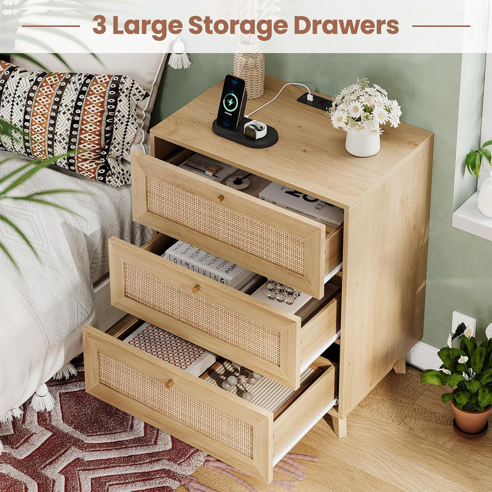 VIAGDO Rattan Nightstand Set of 2 with Charging Station, Natural Rattan Night...