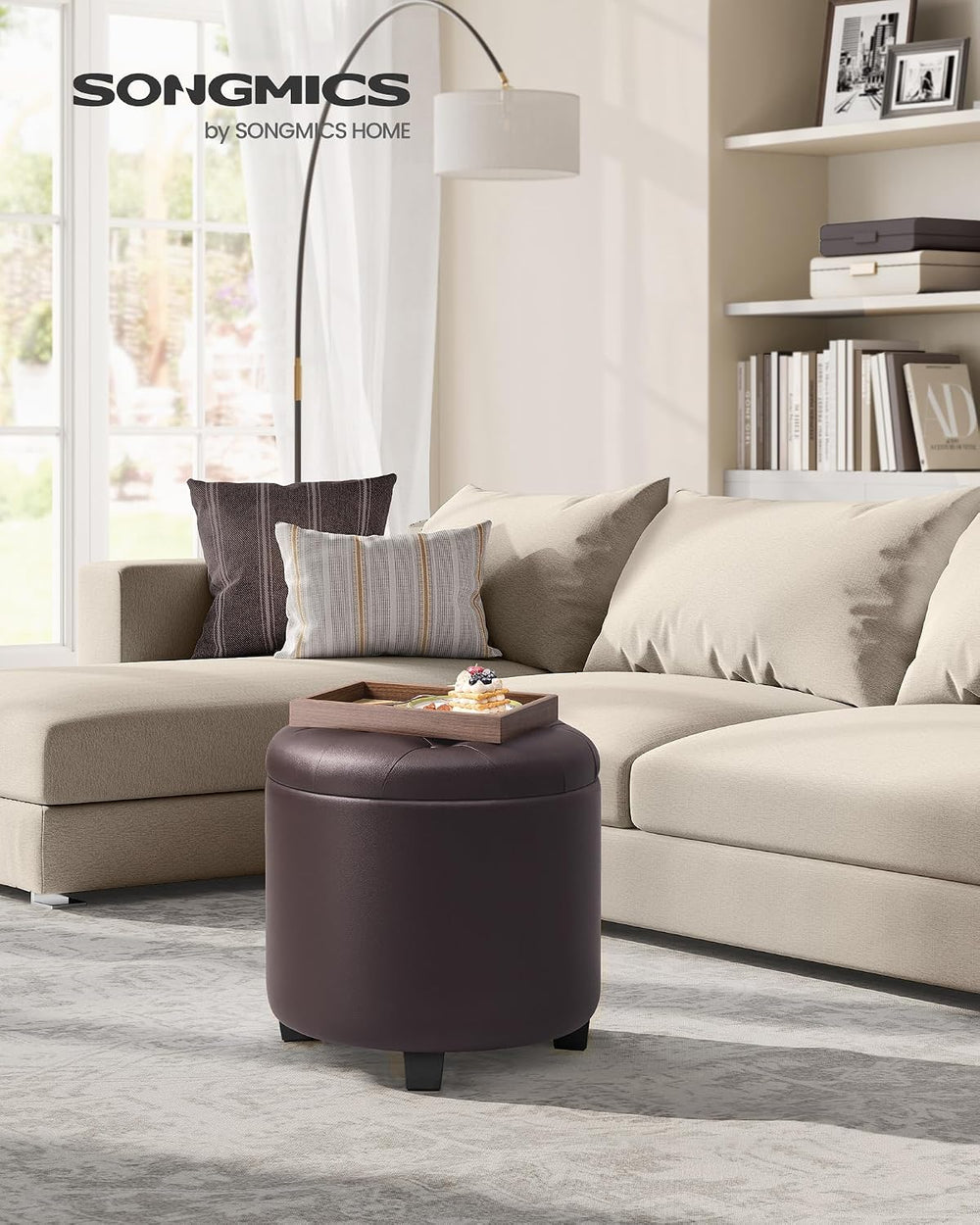 SONGMICS Round Ottoman, Ottoman with Storage, 17.7 x 17.7 x 17.5 Inches, Foot...