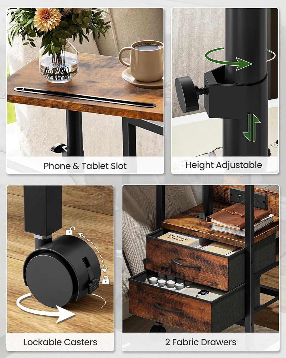 Height Adjustable Side Table with Swivel Tabletop, End Table with Charging St...