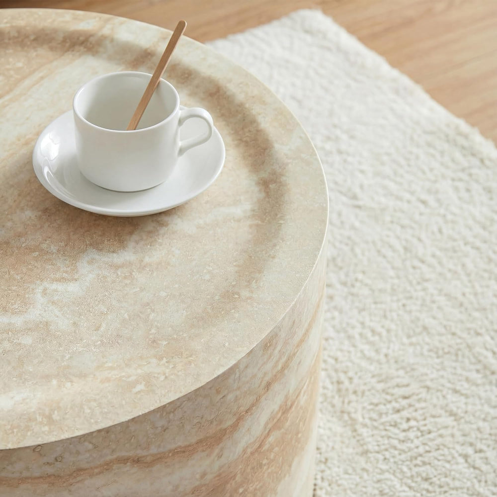 Marble-Effect Cylindrical Side Table Lightweight Fiberglass & Resin Accen...