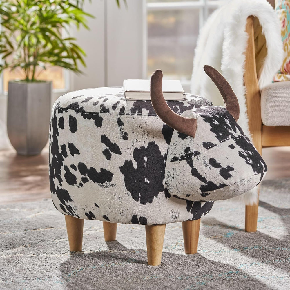 Modern Ottoman, Cow-Shaped Velvet Accent Footstool with Birch Legs for Living...