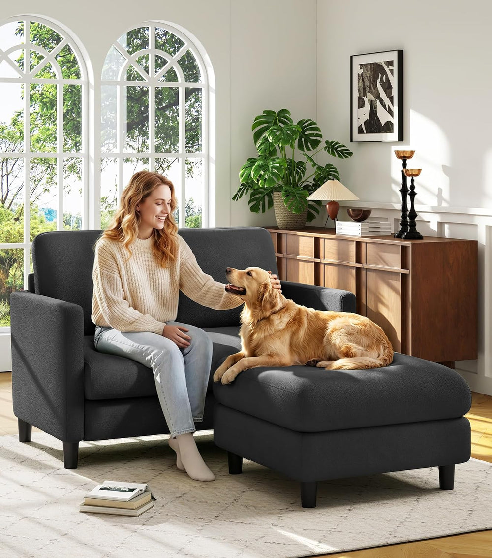 Welzona Loveseat Sofa with Ottoman, 51" Small L Shaped Teddy Couch Sofa
