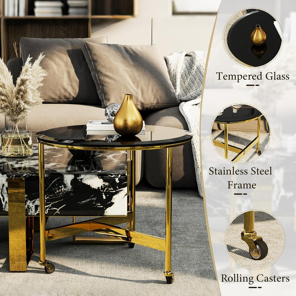 Black Square Coffee Table and Round End Table, Nesting Coffee Table Set of 2,...