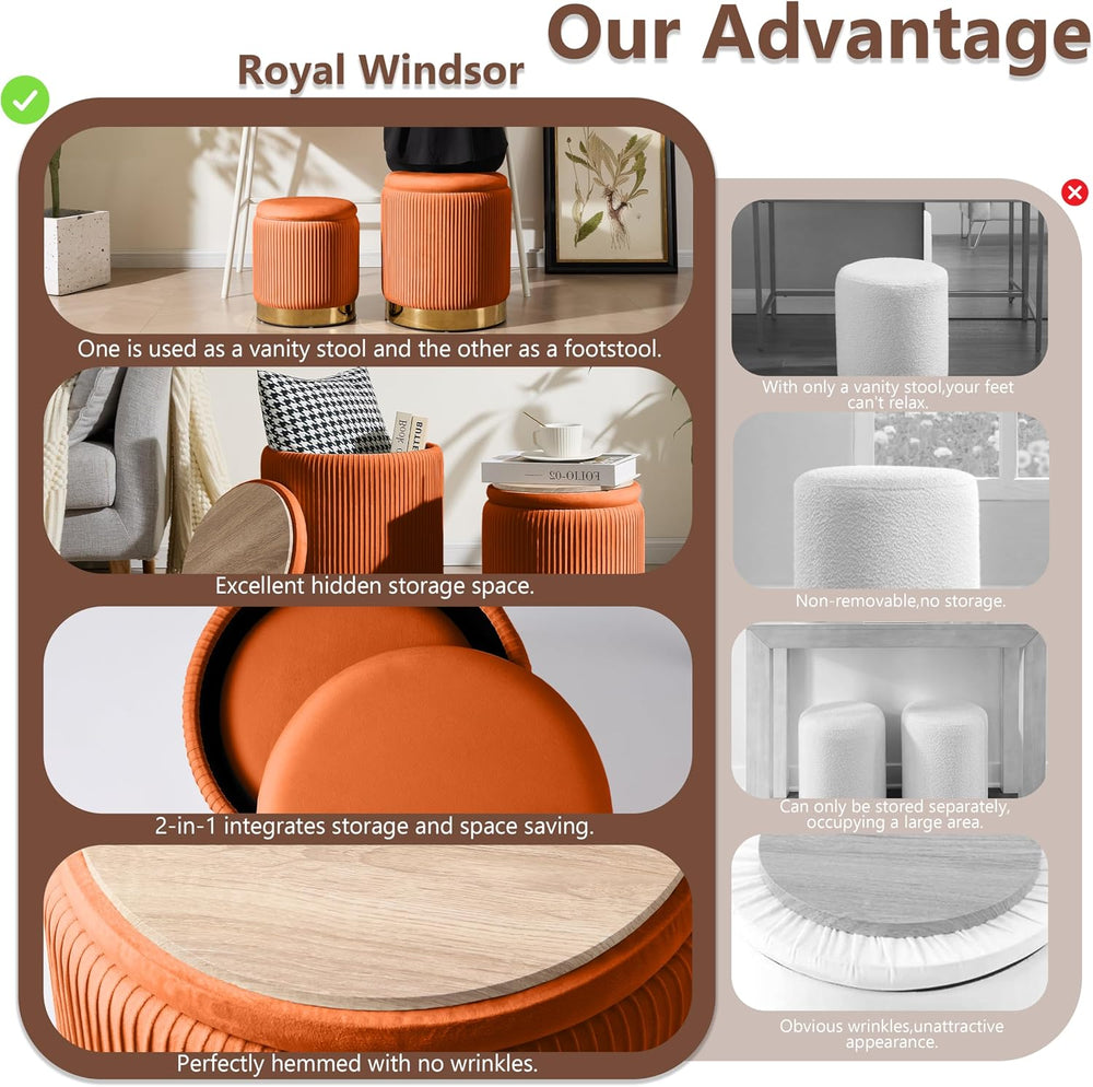 Royal Windsor Round Ottoman with Storage Set of 2, Storage Vanity Stool | Vel...