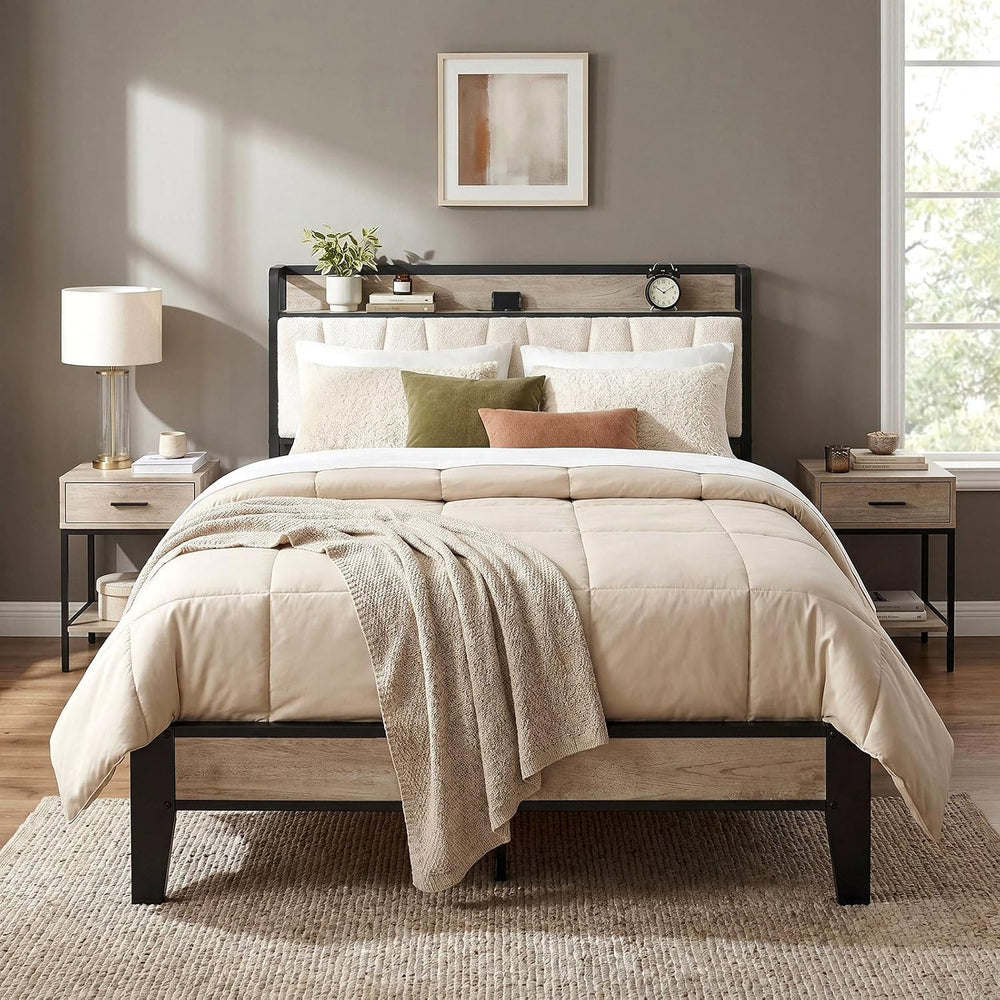 LIKIMIO Queen Bed Frame with Storage Headboard and Charging Station