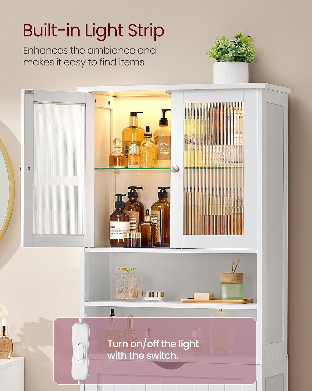 VASAGLE Storage Cabinet with LED Lights, Freestanding Storage Unit with Adjus...