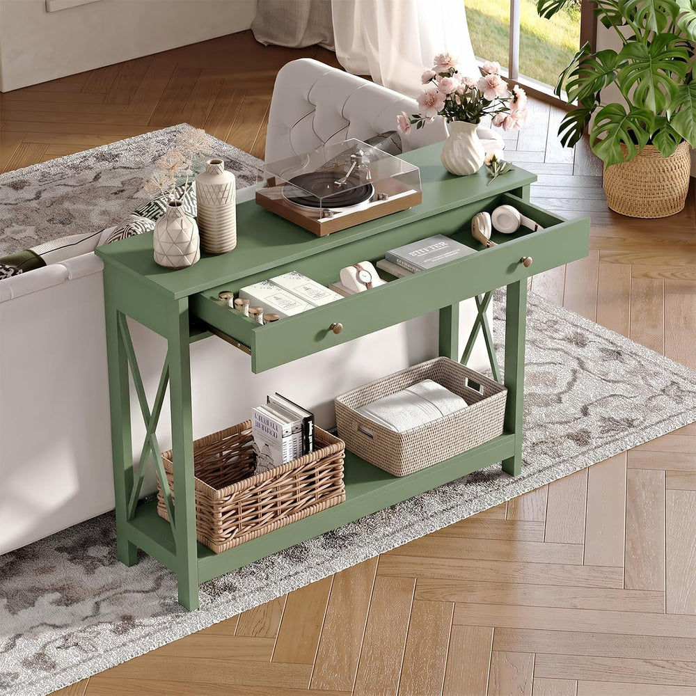 Treocho 40" Farmhouse Console Table with Drawer and Storage Shelves | En...