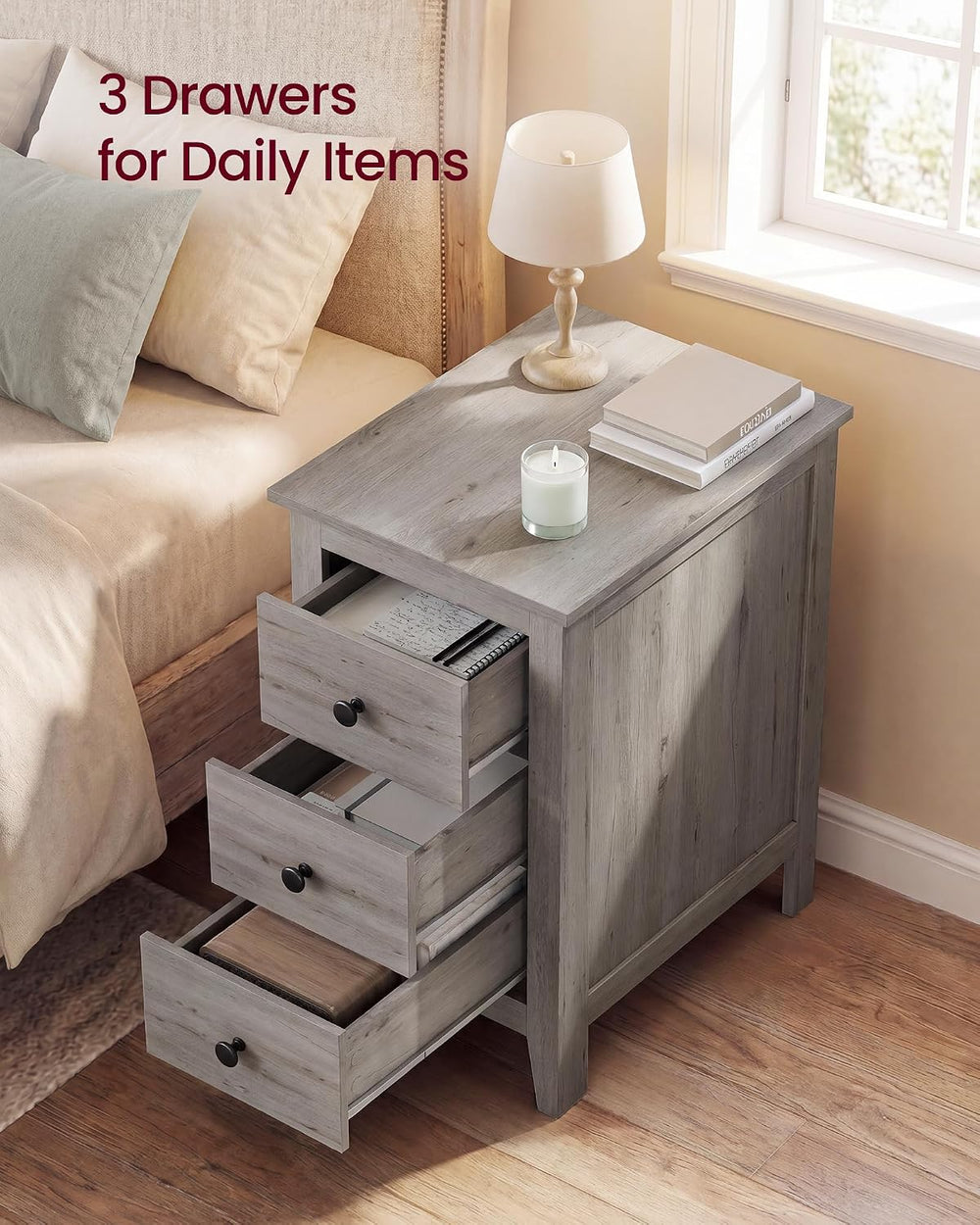 VASAGLE Liry Collection-Farmhouse Side End Table with 3 Drawers, Slim Nightst...
