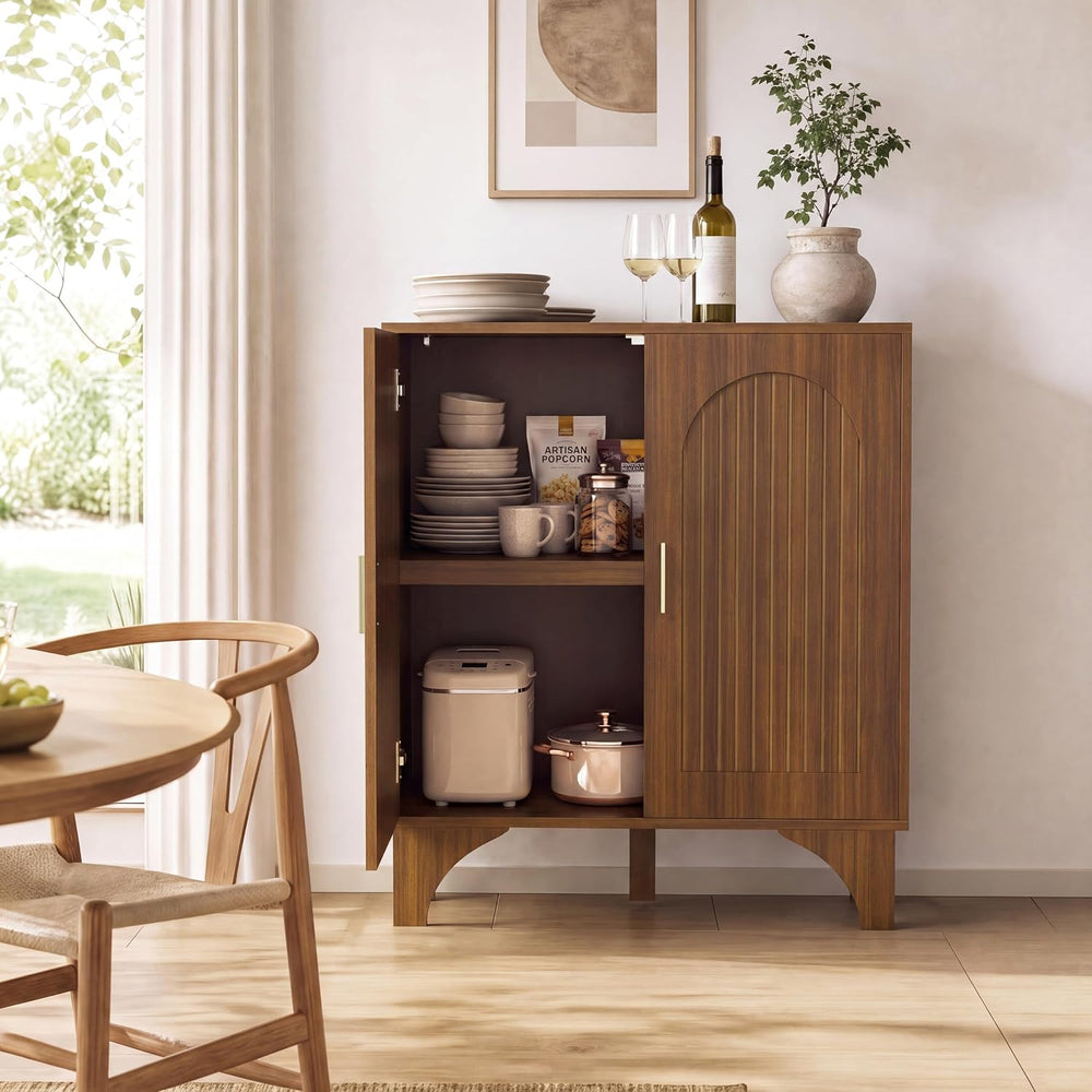 Mid Century Modern Buffet Cabinet Arched Doors Walnut Storage Sideboard