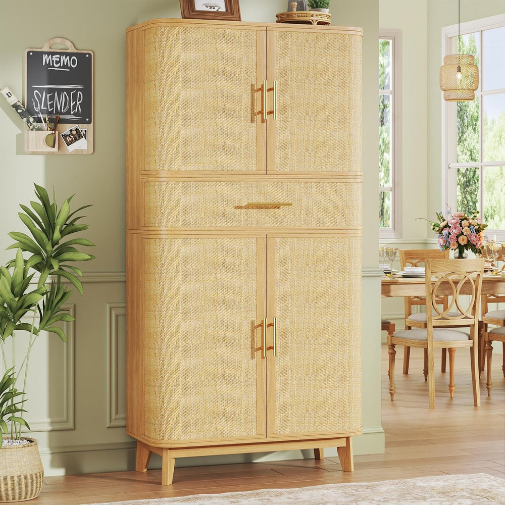 HUAHUU 71" Tall Pantry Cabinet with Curved Rattan Doors, Large Pantry St...