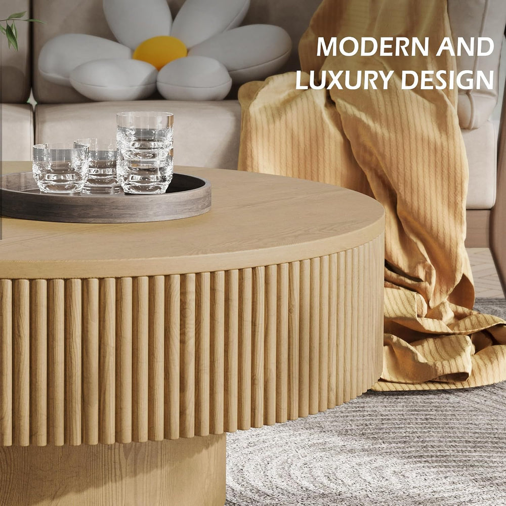 YOUDENOVA 31.5” Round Fluted Coffee Table, Modern Wood Circle Coffee Table, V...