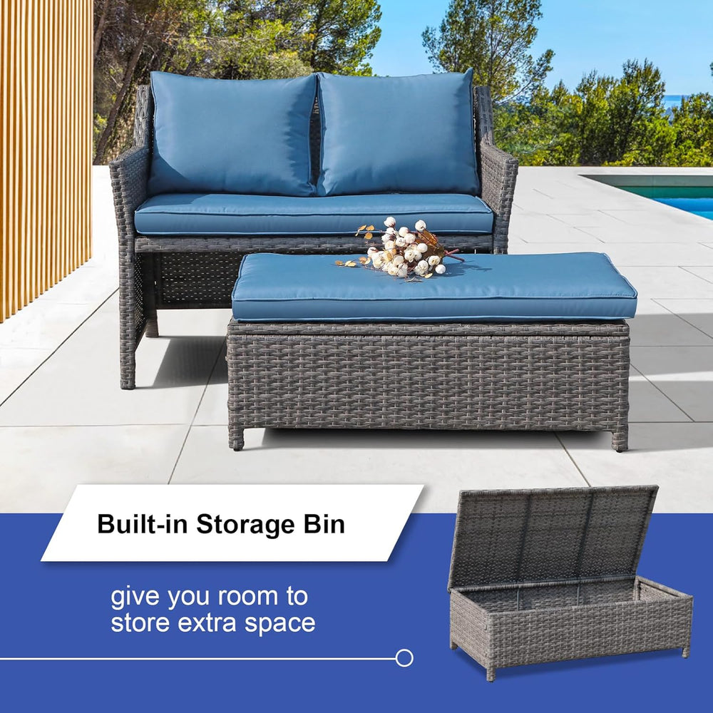 OC Orange-Casual Wicker Patio Loveseat w/Storage Ottoman, 2 Pcs, Navy Blue