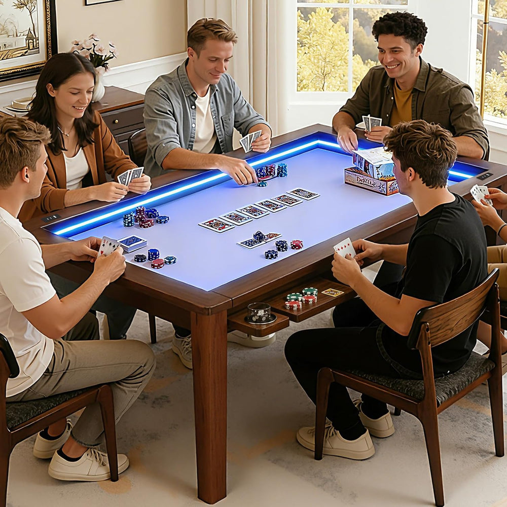 Solid Wood Board Game Table with Colorful Led Lights, Dining/Gaming Table