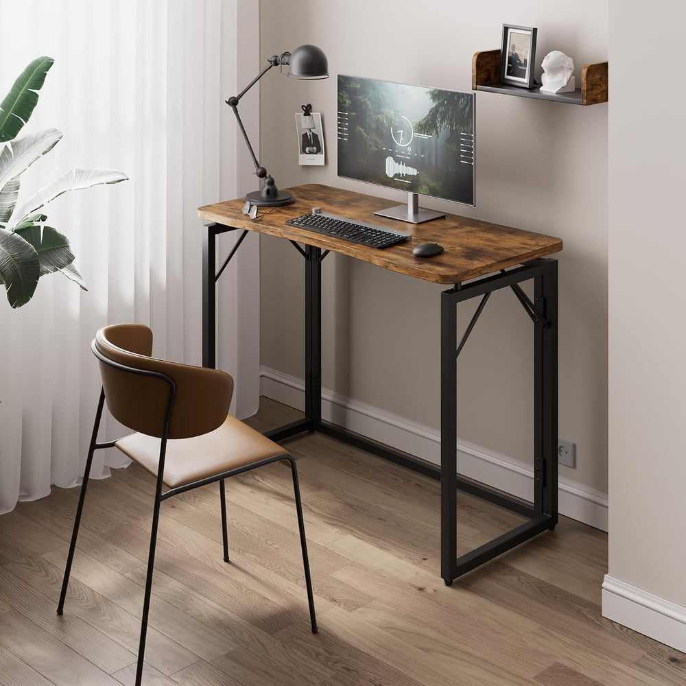 JOYMOOP 31.5" Rustic Brown Folding Desk No Assembly, Wooden Top, Small Size