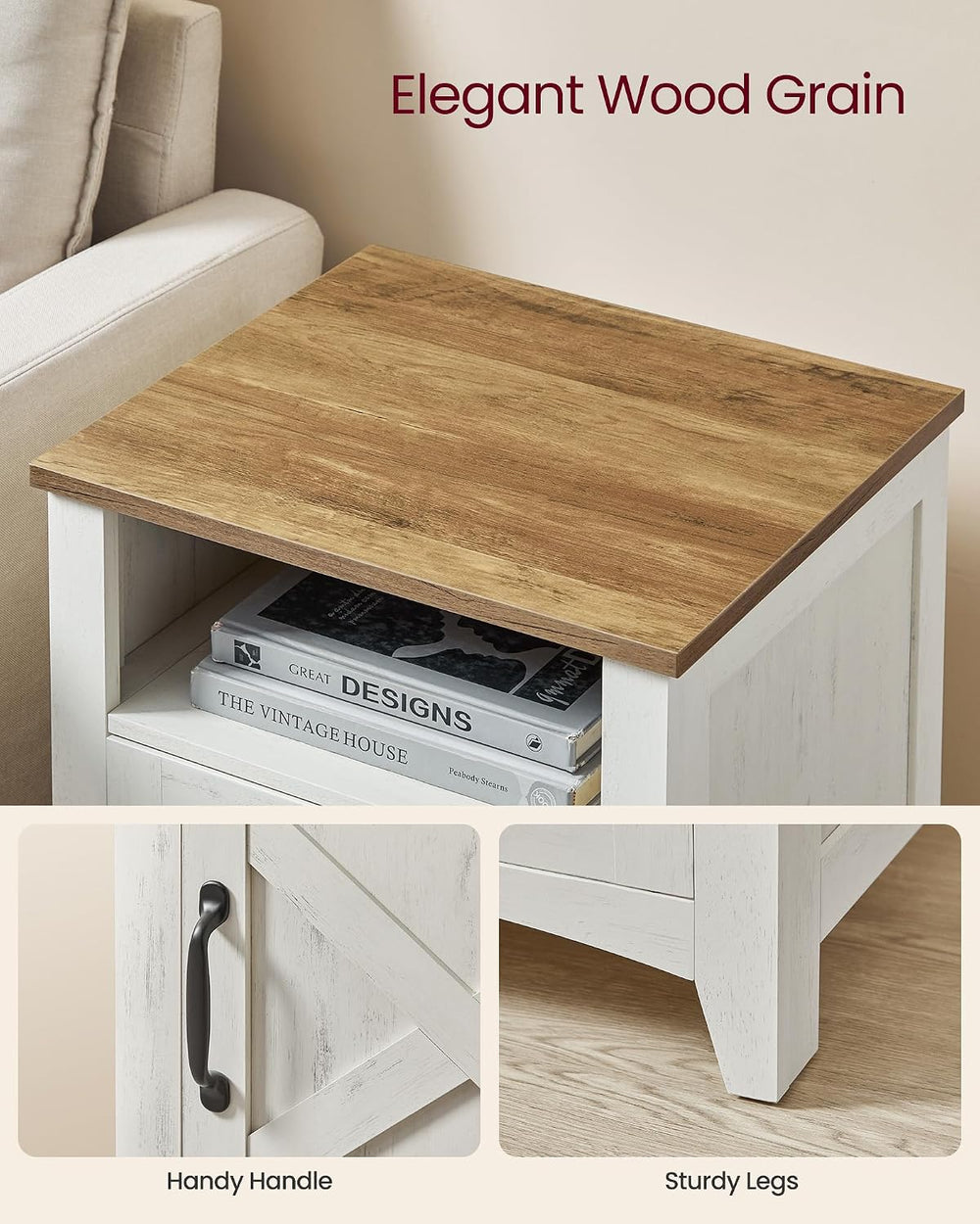 VASAGLE Nightstand Farmhouse Barn Door Bedside Table with Storage | Side End ...