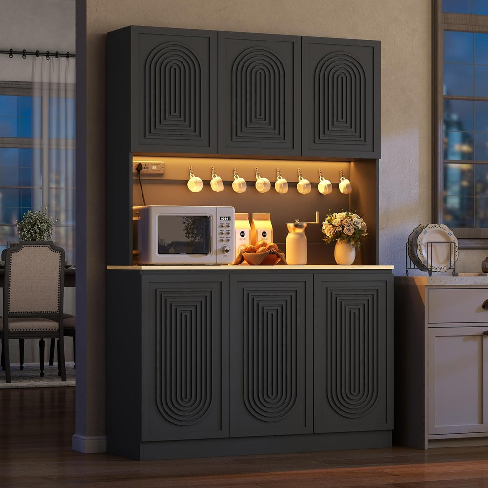 71" Black Kitchen Pantry with Power Outlet, Kitchen Hutch with LED Light...