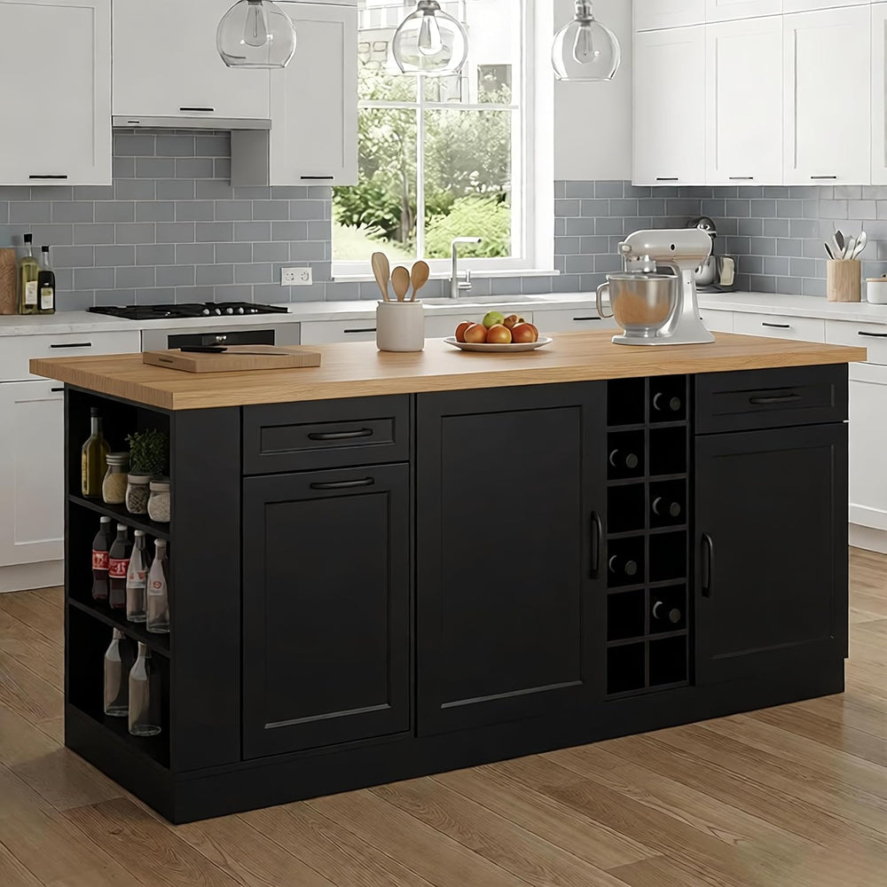 Large Kitchen Island,Wood Freestanding Islands with Storage Drawers, Trash Ca...