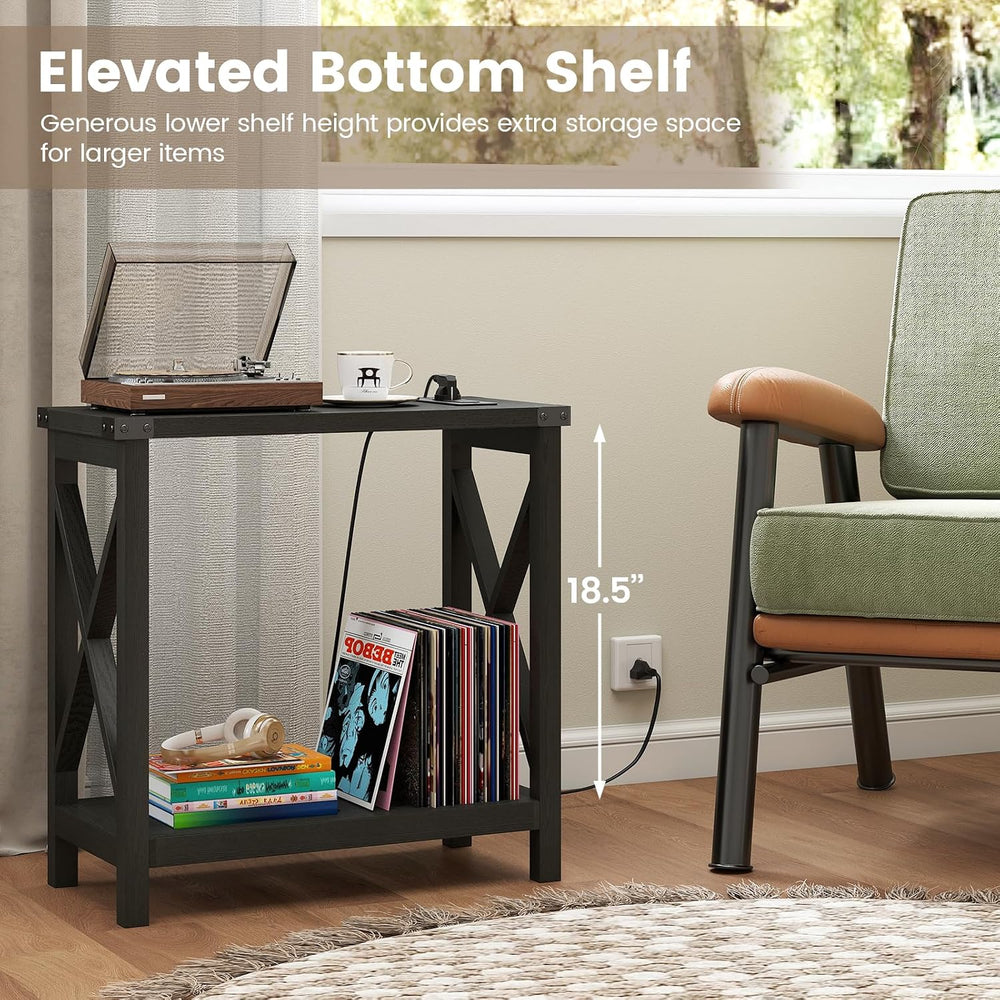 Hadulcet Farmhouse Side Table with Charging Station - Narrow Bedside Table fo...
