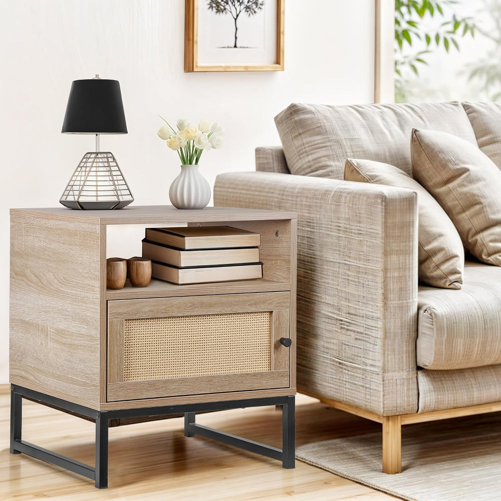 Nightstands End Table, PE Rattan Decor Drawer Opening Shelf, Set of 2 Bed Sid...