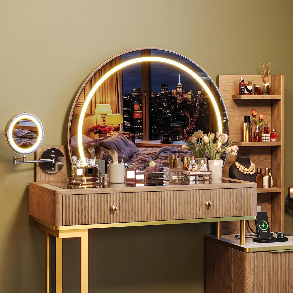 Einhomn Vanity Desk w/5x Magnifying Mirror, Fluted Makeup Vanity w/Mirror and...