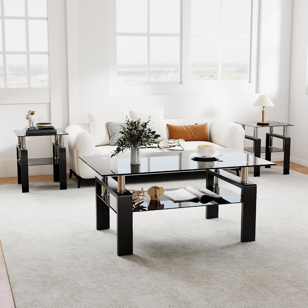 IANIYA Modern Tempered Glass Coffee Table Set - 3 Piece Living Room Table Set...