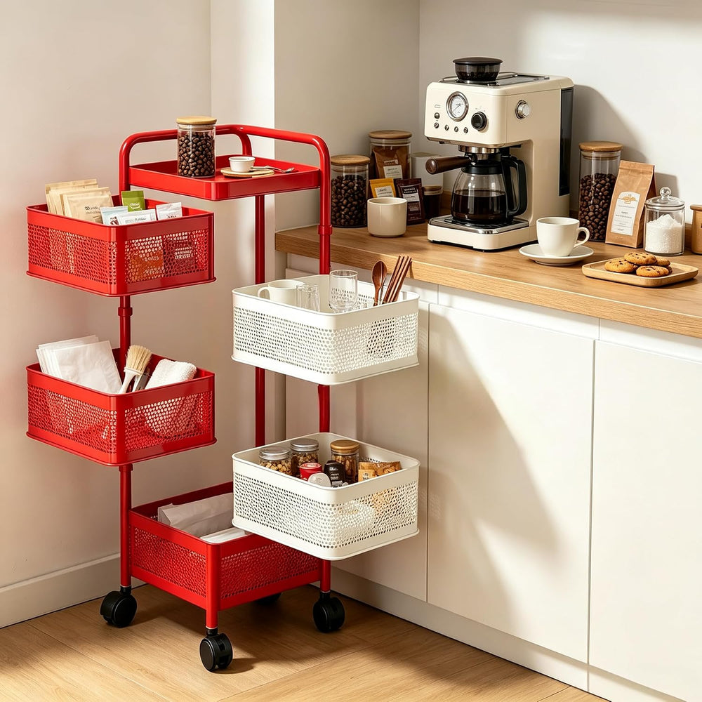 No Assembly Kitchen Storage cart with Wheels, Rotary Fruit and Vegetable Stor...