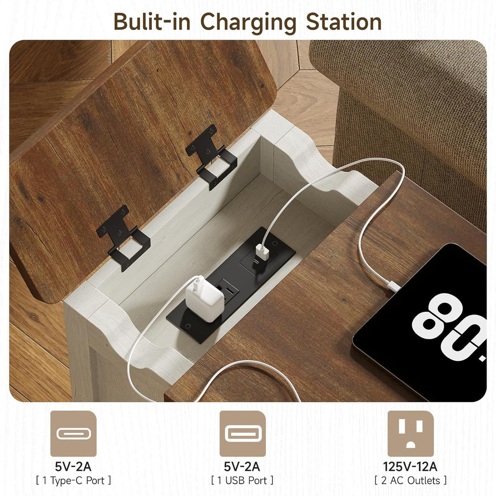 ONBRILL End Table with Charging Station, Narrow Side Table for Living Room, F...