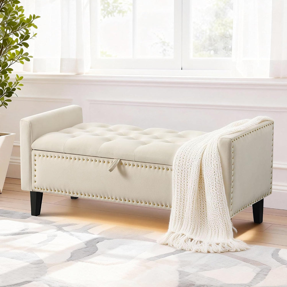 47in Velvet Storage Ottoman Bench with Arms, Upholstered Storage Bench with W...