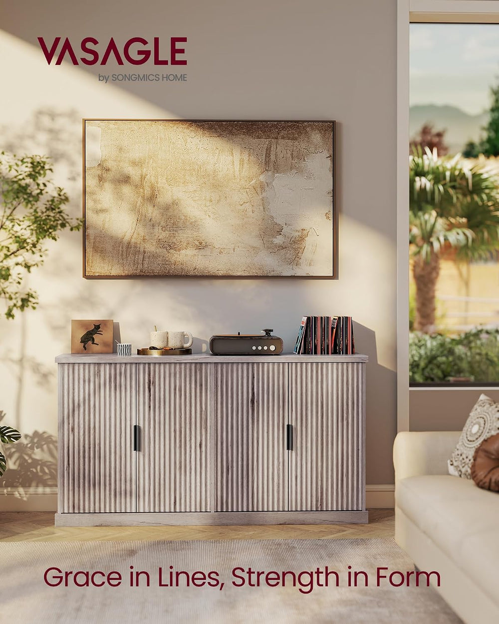 VASAGLE Contemporary Buffet Cabinet with Adjustable Shelves, Fluted Doors