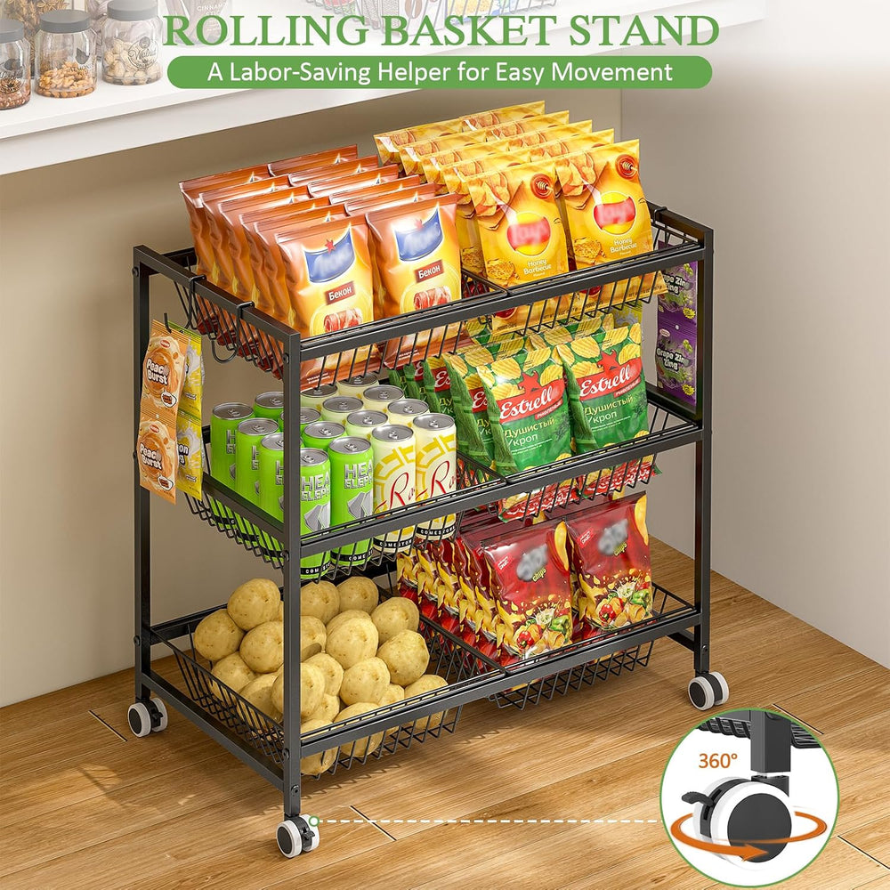 3-Tier Rolling Pantry Floor Organizer Cart with 6 Detachable Baskets, Metal W...