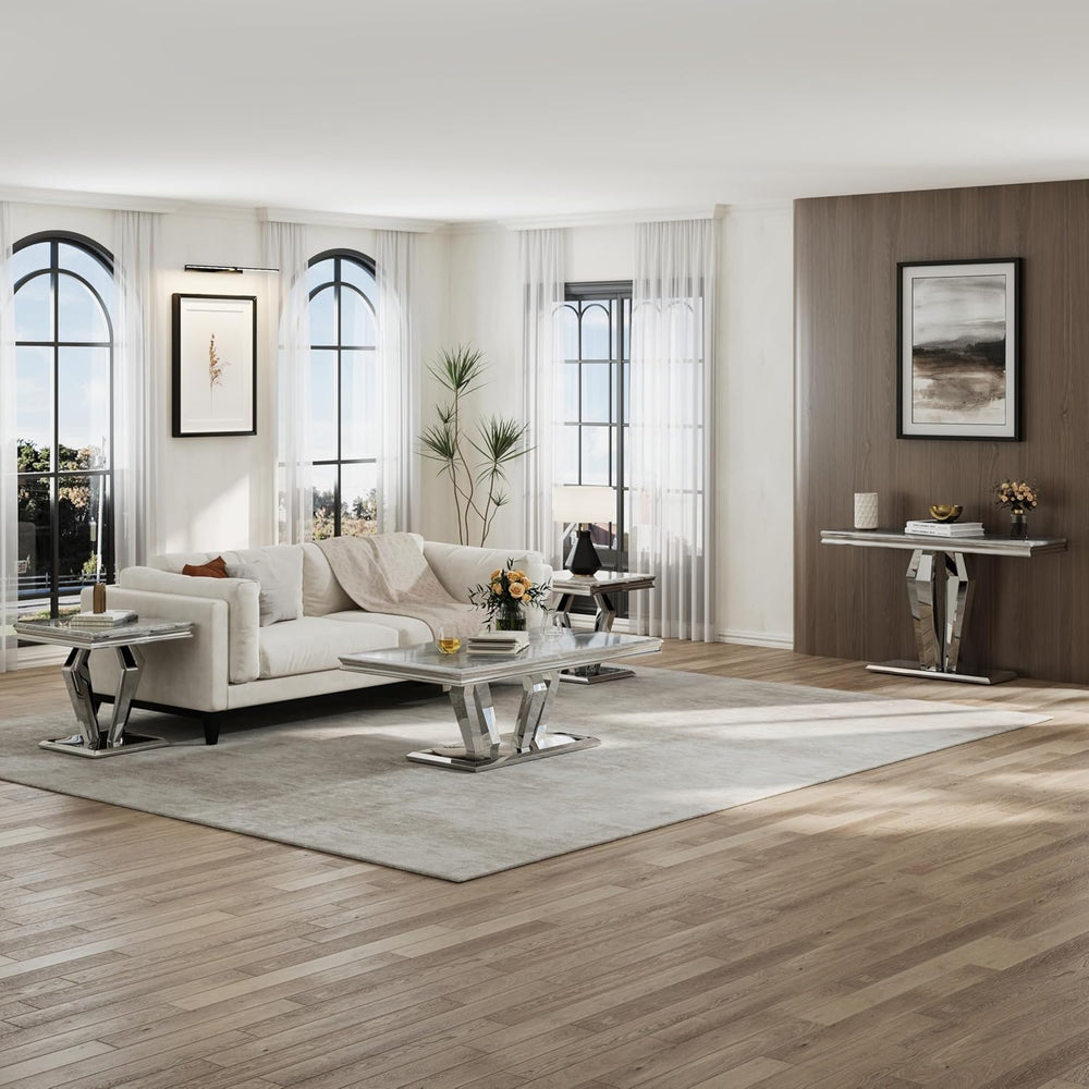 ACEDÉCOR 2 Piece Coffee Table Set with End Table, Modern White and Silver Liv...