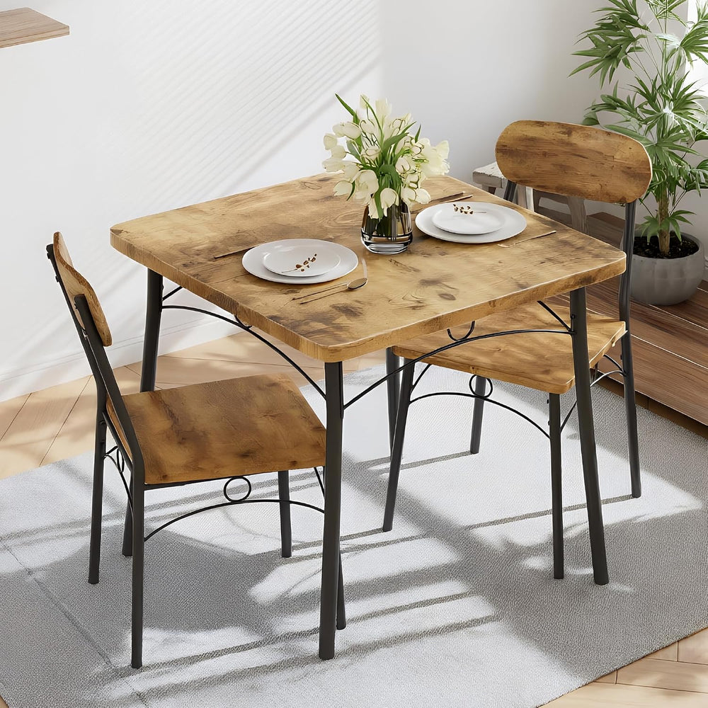 VECELO 3 Piece Small Dining Table Set for 2, Metal and Wood Square Kitchen Di...