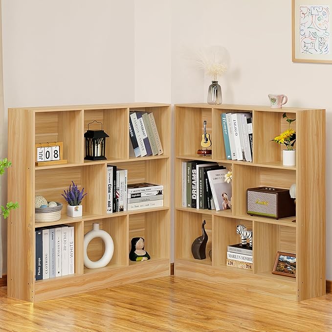 LEYAOYAO 8 Cube Bookshelf with Base,3 Tier Mid-Century Modern Natural Bookcas...