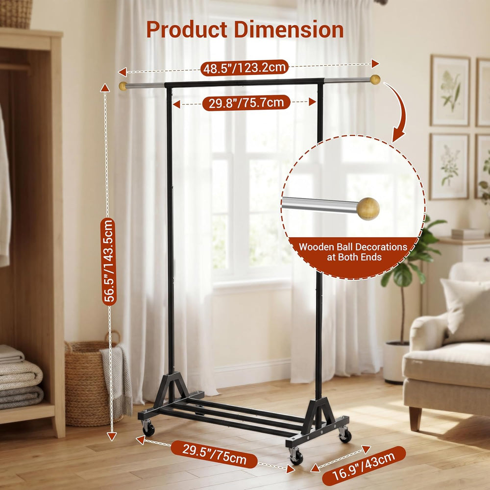 Rolling Garment Rack - Retractable Clothes Rack with Hanging Rods, Lockable W...
