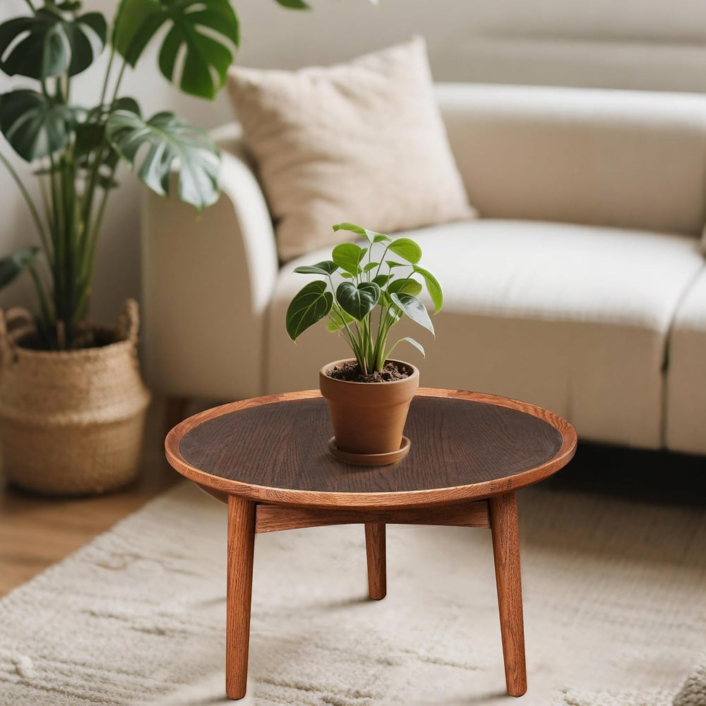 CONSDAN 24 Round Coffee Table, Solid Oak Frame & Veneer Top, USA Grown Ha...