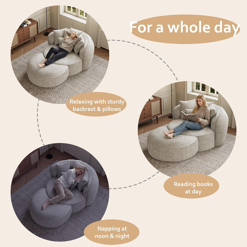 53.5" Oversized Round Chaise Lounge with Ottoman, Chenille, Beige White ...