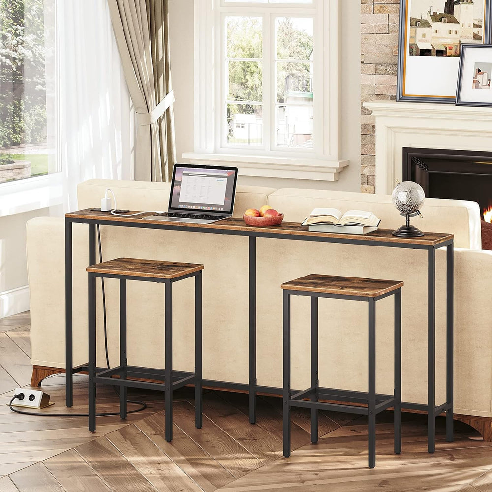 MAHANCRIS 63" Console Table with Power Outlet, Narrow Sofa Table, Brown