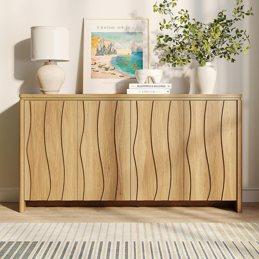 Vabches Fluted Buffet Cabinet with Storage, 3D Ripple Pattern Doors and Curve...