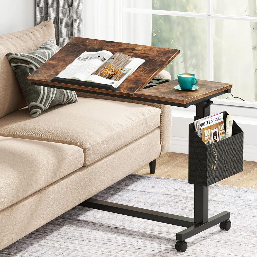 Tribesigns Height Adjustable C Shaped End Table with Wheels and Side Pocket, ...