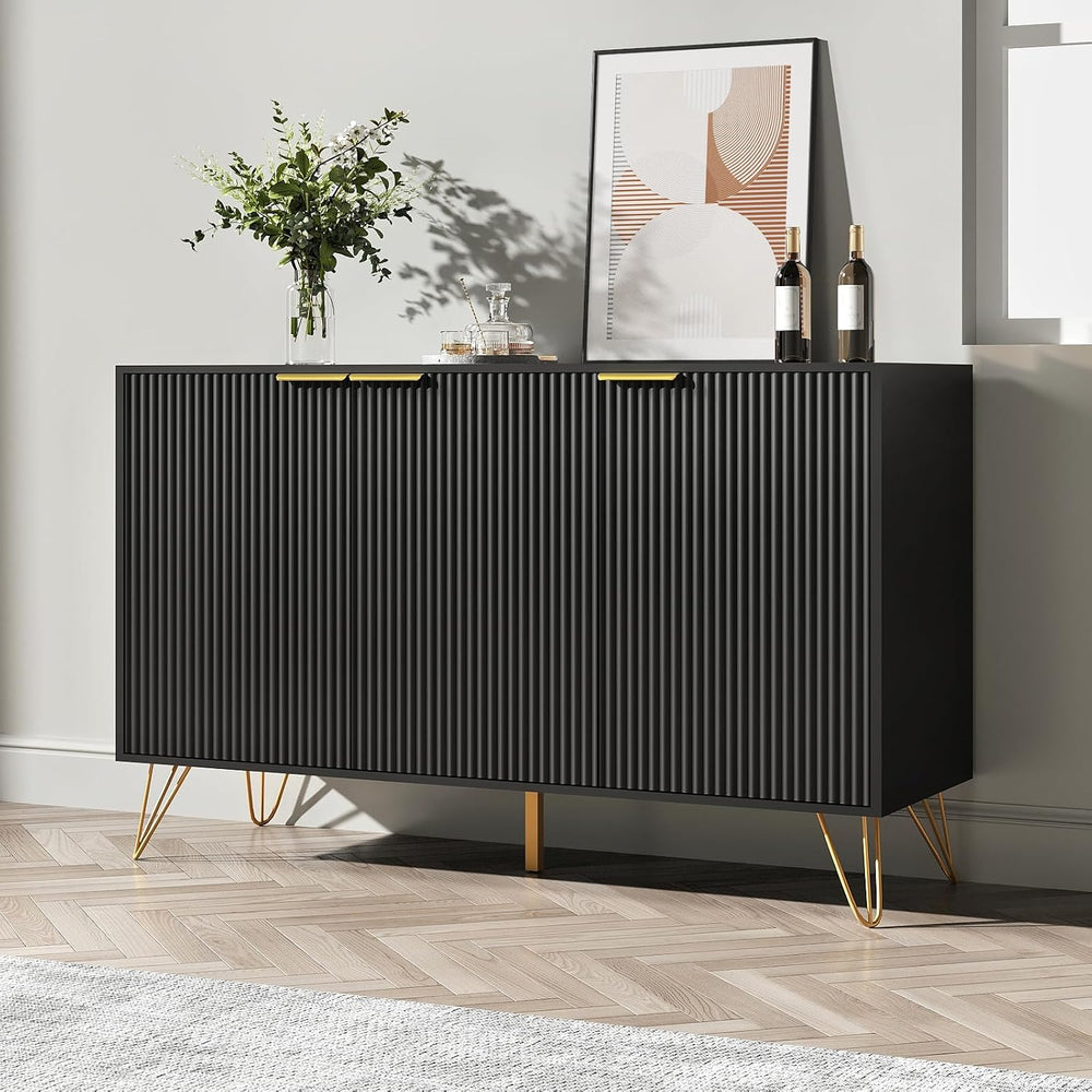 Storage Cabinet with 3 Doors, Metal Legs and Adjustable Shelf, Black丨Sideboar...