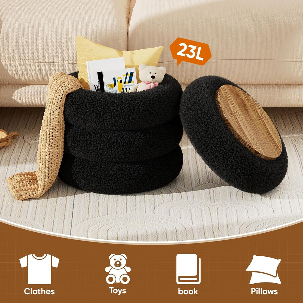 Soft Teddy Round Ottoman with Tray, 17.5 Inches Ottoman Coffee Table with Sto...