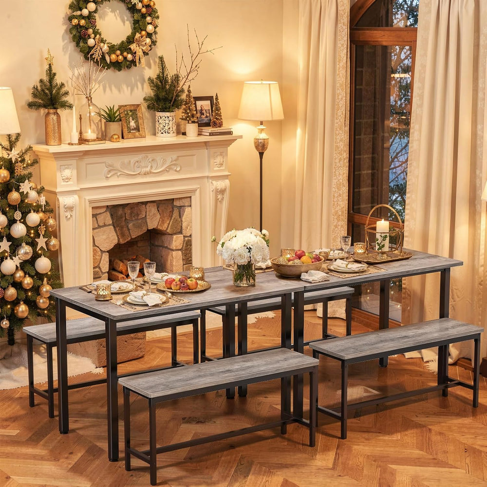 Dining Table Set for 4, Kitchen Table with 2 Benchs, Grey | Modern Functional...