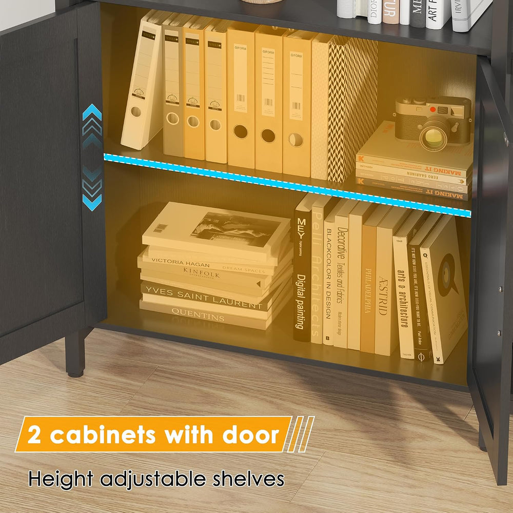 6-tire Farmhouse Black Corner Book Shelf with 2 Barn Doors and 10 Storage She...