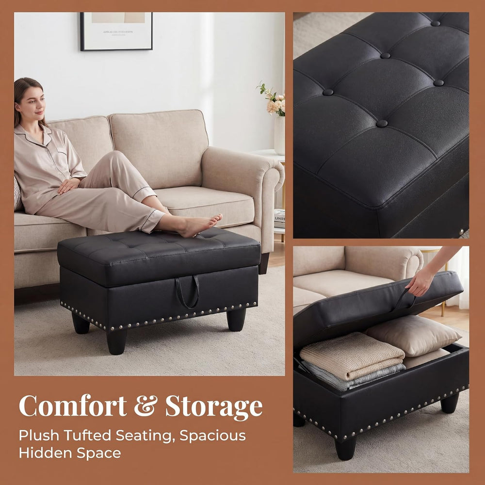 28.5 Inch Storage Ottoman Bench with Hidden Storage, PU Leather Upholstered F...