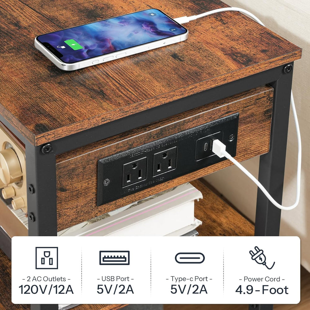 HOOBRO End Table with Charging Station, Side Table with 3 Tier Storage Shelf,...