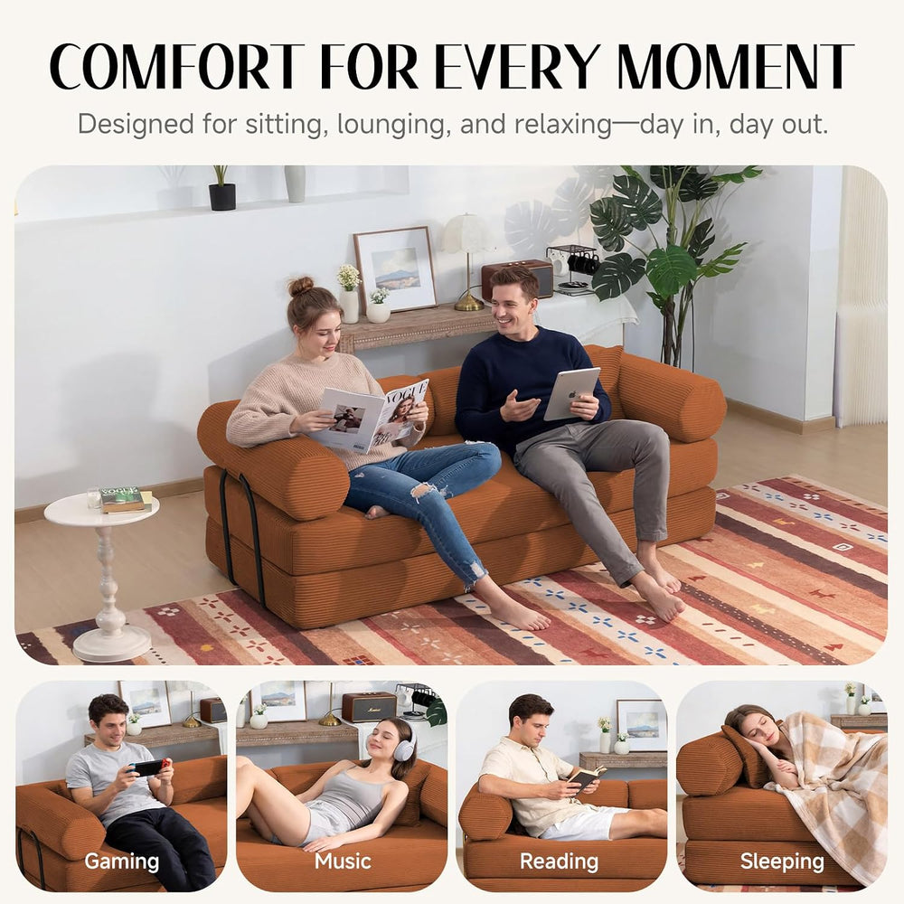 79" Corduroy Sofa Bed, Couch in a Box with 2 Pillows, High-Density Foam ...