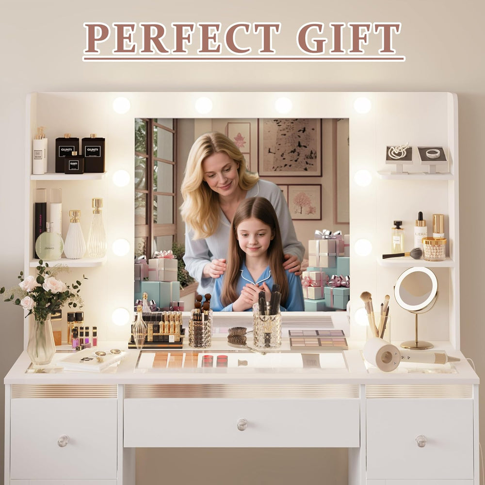 Makeup Vanity with 3-Color Lighted Mirror, Glass Top Makeup Desk with 7 Drawe...