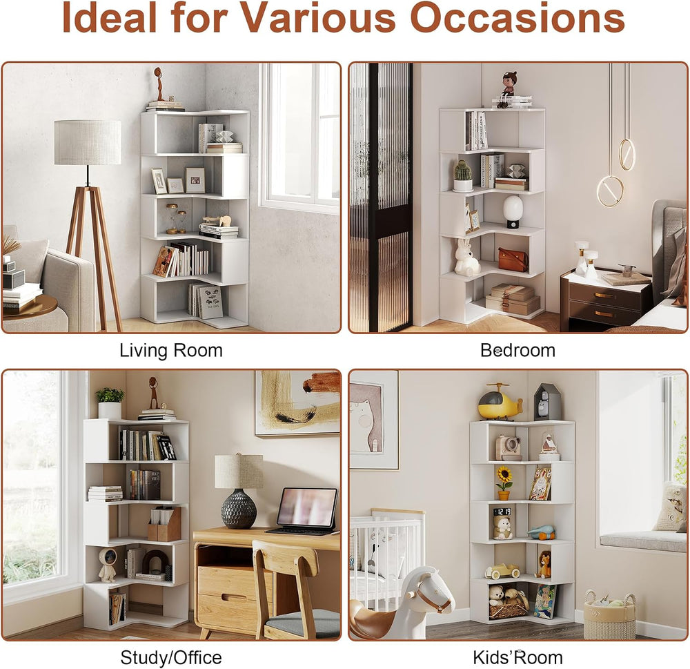 6-Tier Corner Bookshelf, 66" Tall L-Shaped Corner Shelf with Anti-Fall B...