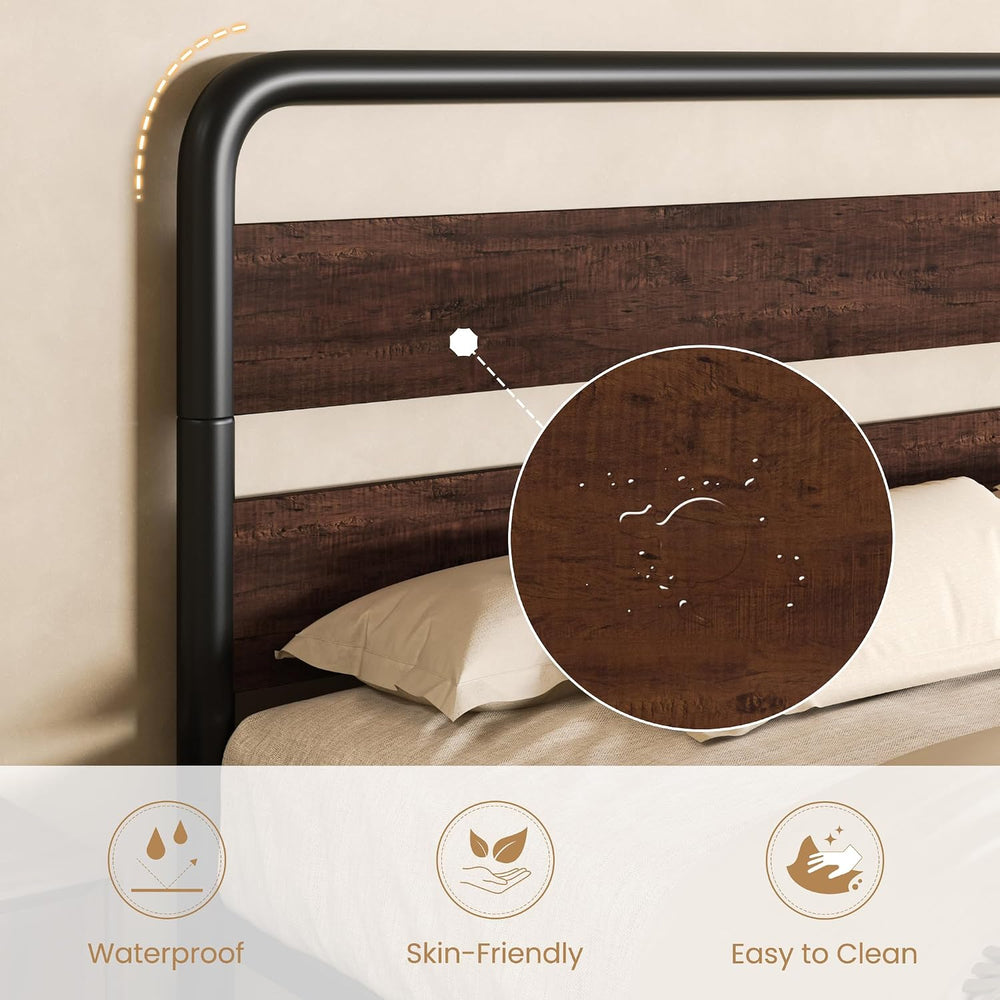 SHA CERLIN Queen Size Metal Bed Frame with Wooden Headboard, Mahogany