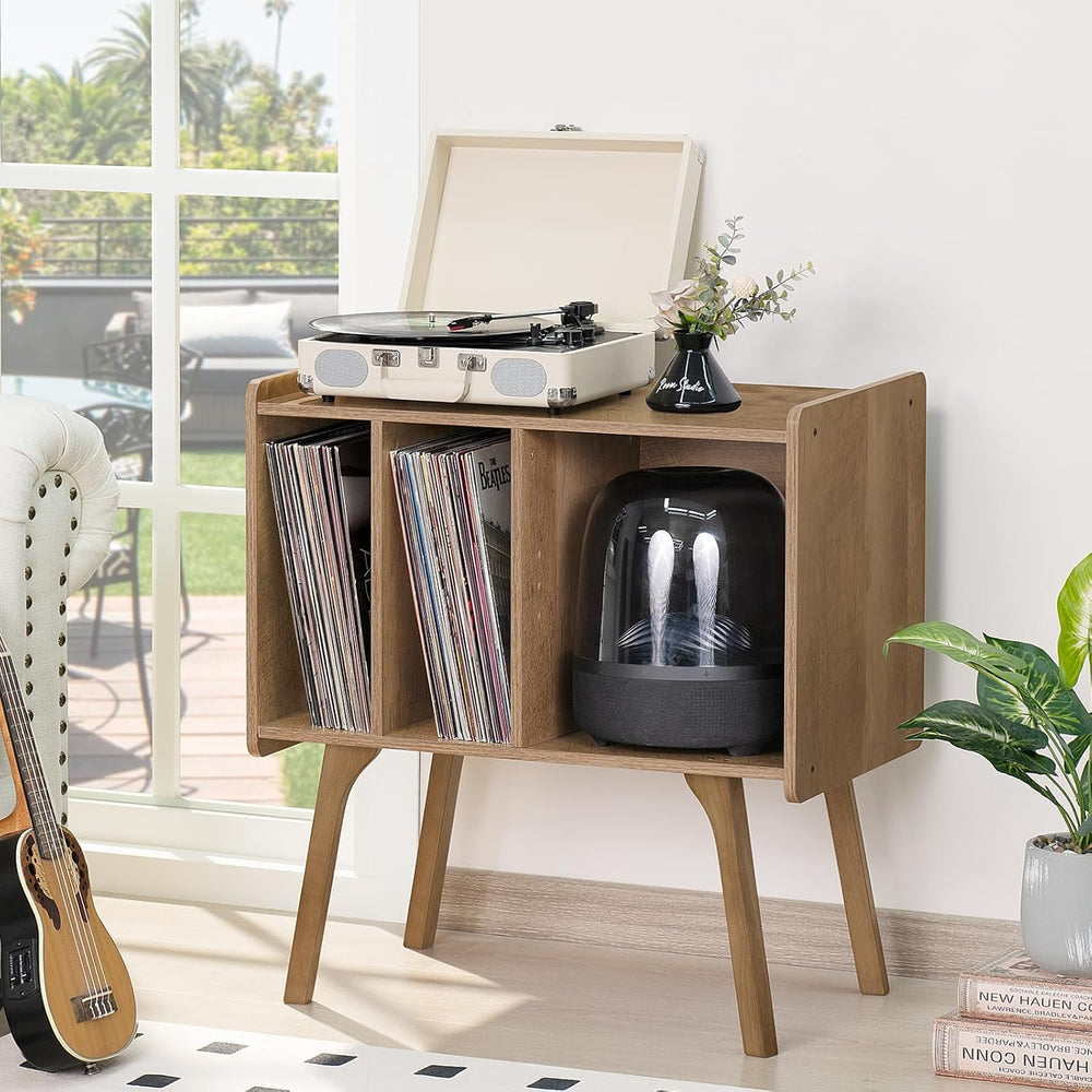 LELELINKY Wide Record Player Stand, 4-Cubby Vinyl Storage Table, Oak Grey | M...